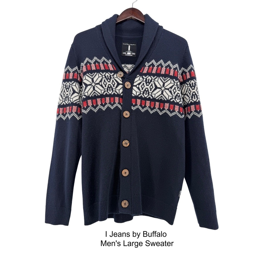 Men's Large Shawl Collar Fair Isle Ski Alpine Winter Cardigan Navy Blue Sweater
